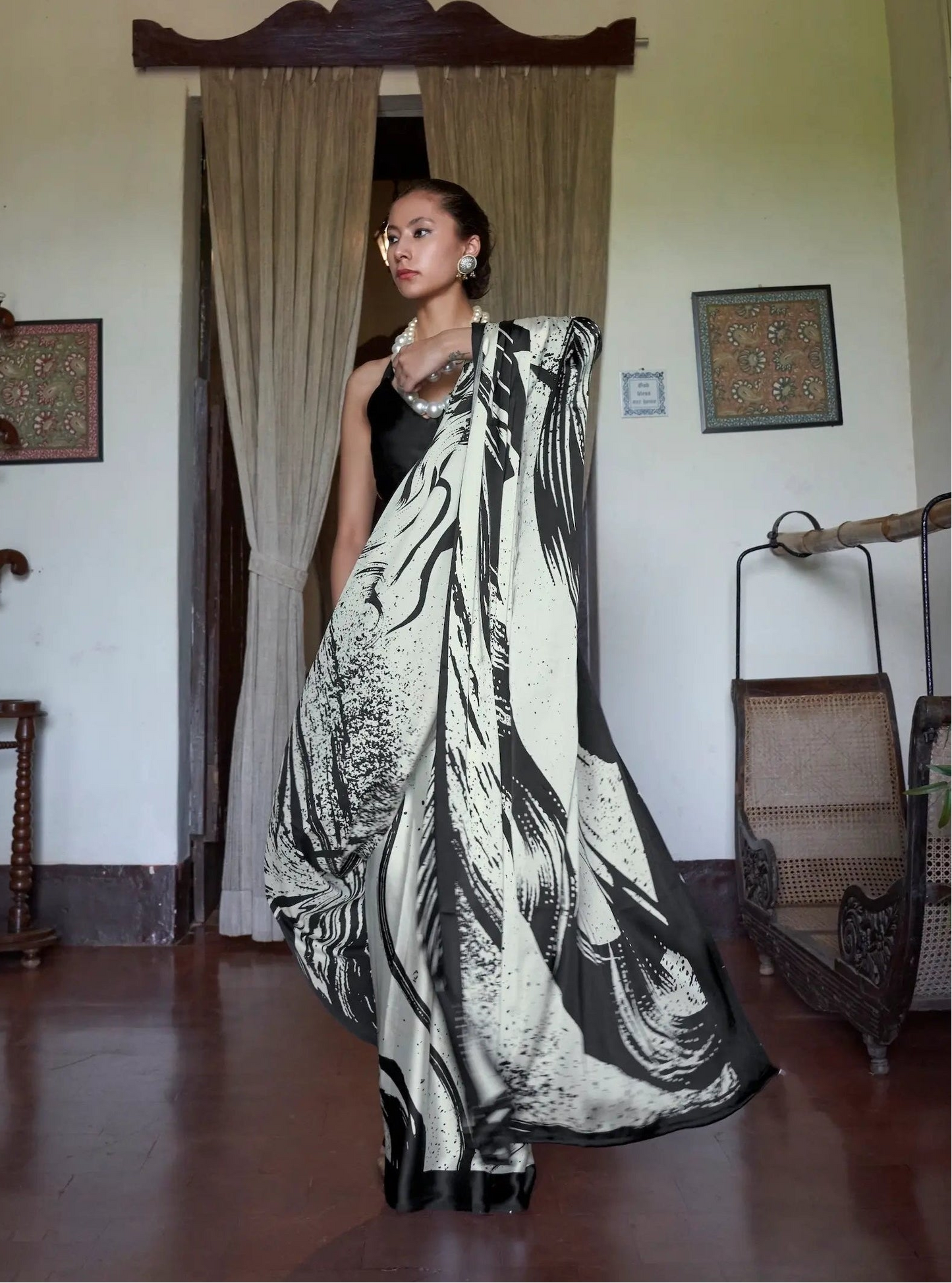 Black-White Satin Abstract Print Saree