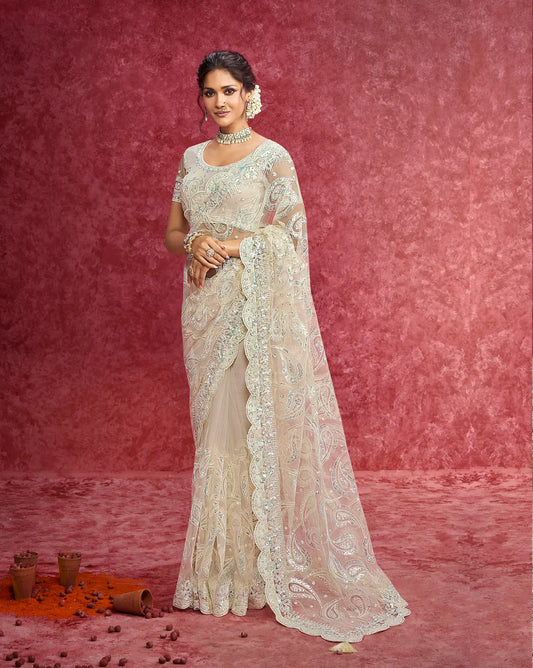 Off White Net Embroidery Work Party Wear Saree