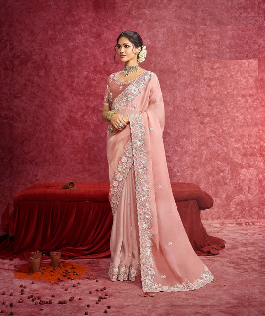 Peach Casio Embroidery Work Party wear Saree