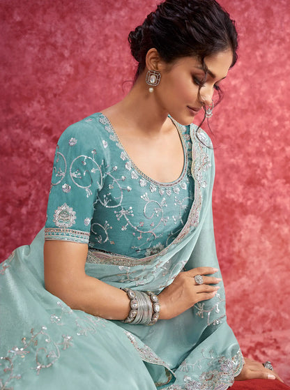 Sky Blue Galaxy Embroidery Work Party wear Saree