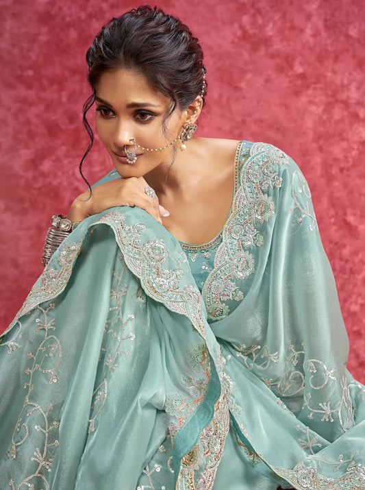 Sky Blue Galaxy Embroidery Work Party wear Saree