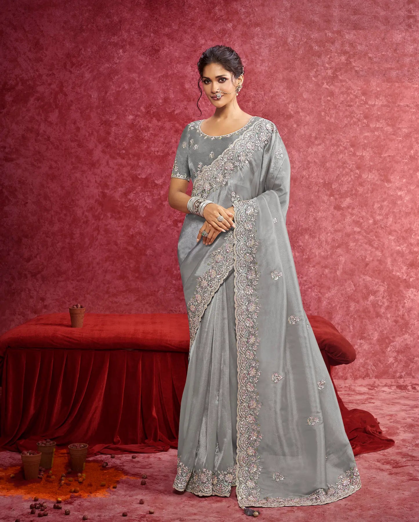 Grey Siya Silk Embroidery Work Party wear Saree