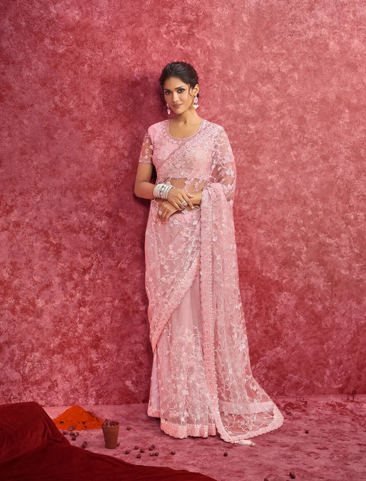 Blush Pink Net Embroidery Work Party wear Saree