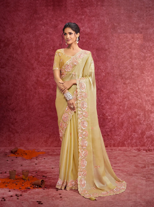 Lime Yellow Galaxy Embroidery Work Party wear Saree
