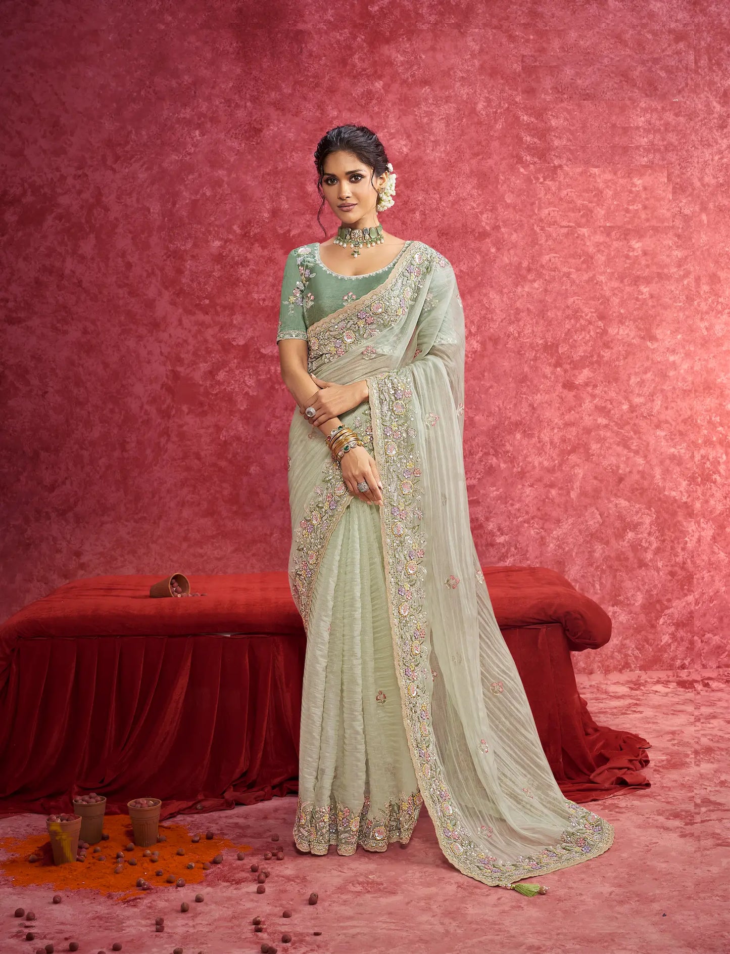 Pastel Green Weave Embroidery Work Party wear Saree