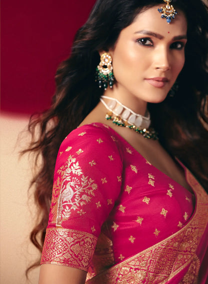 Pinkish Red Viscose Zari Weaving Saree