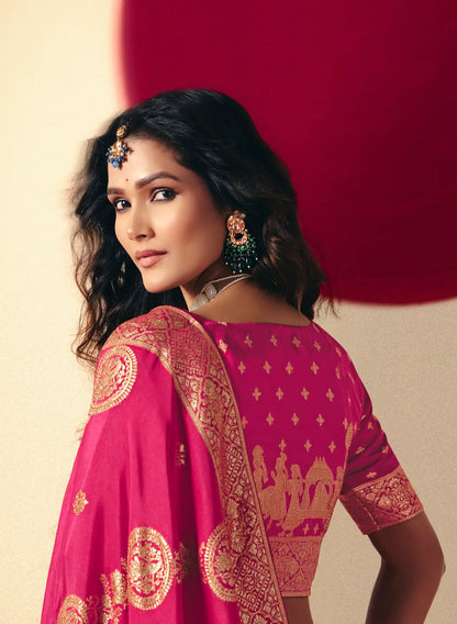 Pinkish Red Viscose Zari Weaving Saree
