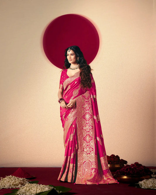 Pinkish Red Viscose Zari Weaving Saree