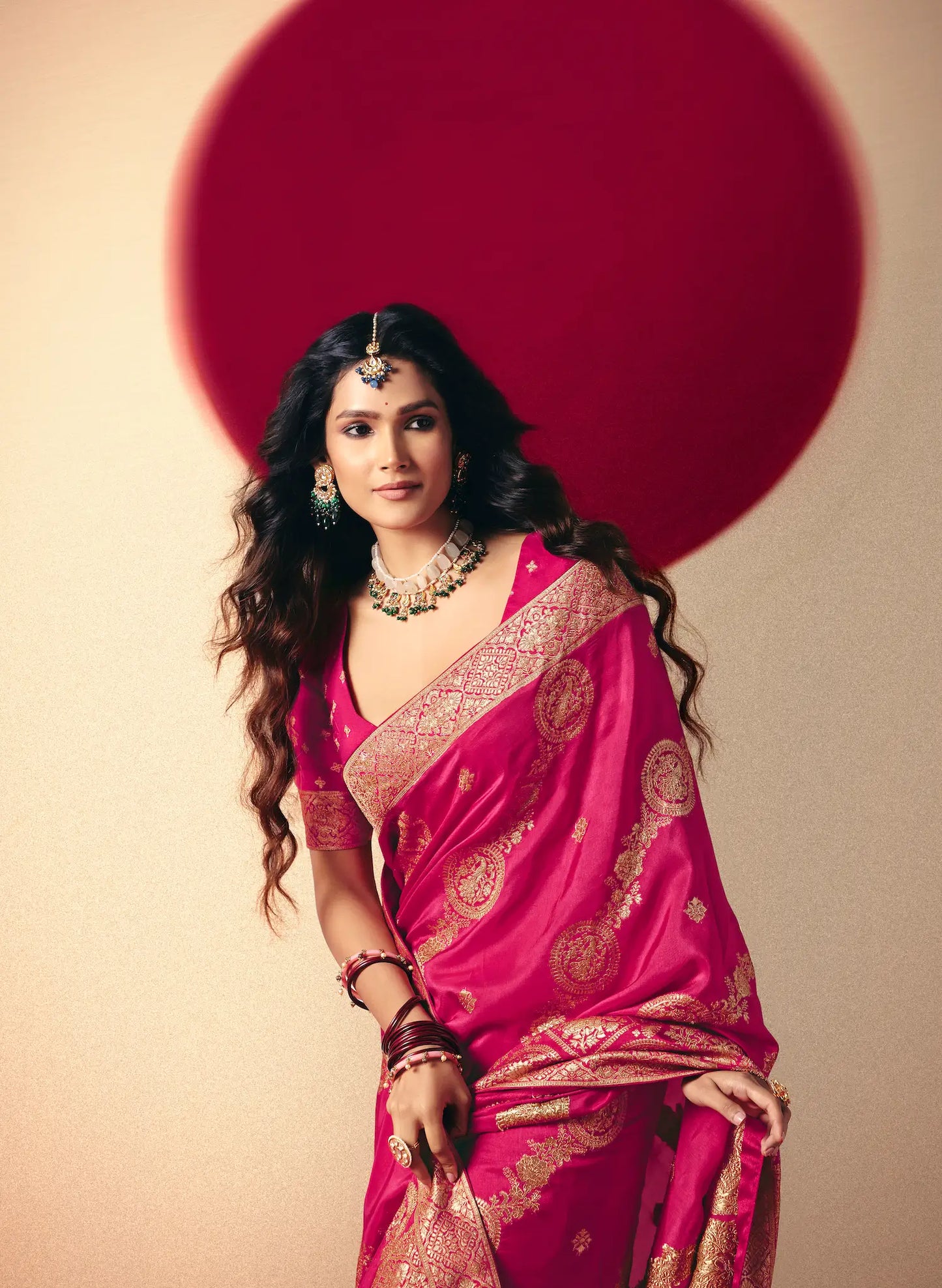 Pinkish Red Viscose Zari Weaving Saree