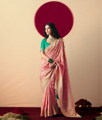 Sweet Pink Viscose Zari Weaving Saree