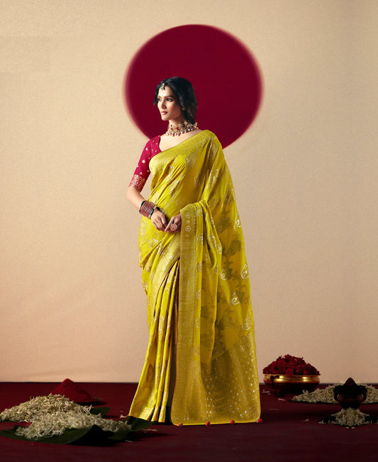 Fuel Yellow Viscose Zari Weaving Saree
