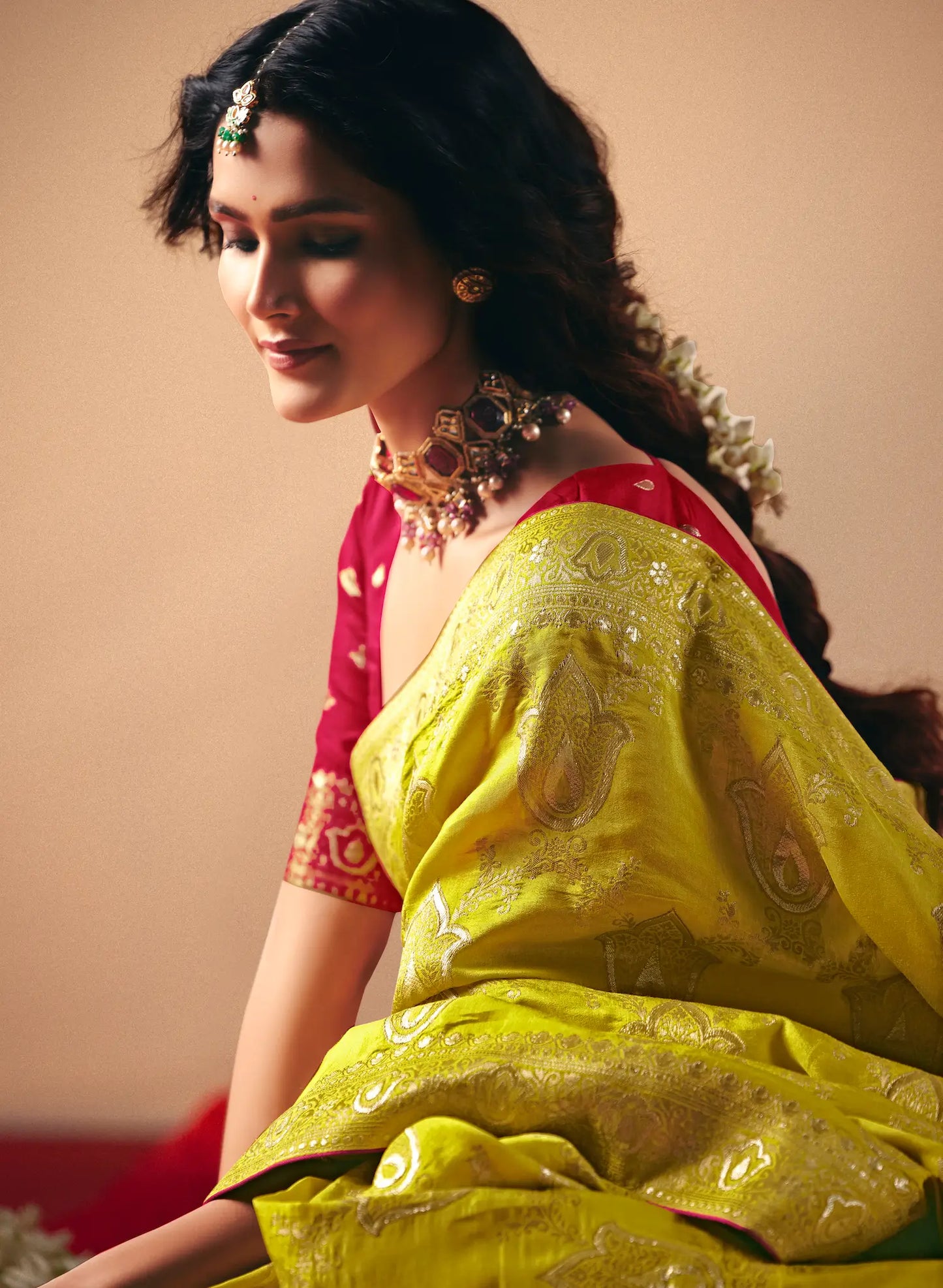 Fuel Yellow Viscose Zari Weaving Saree