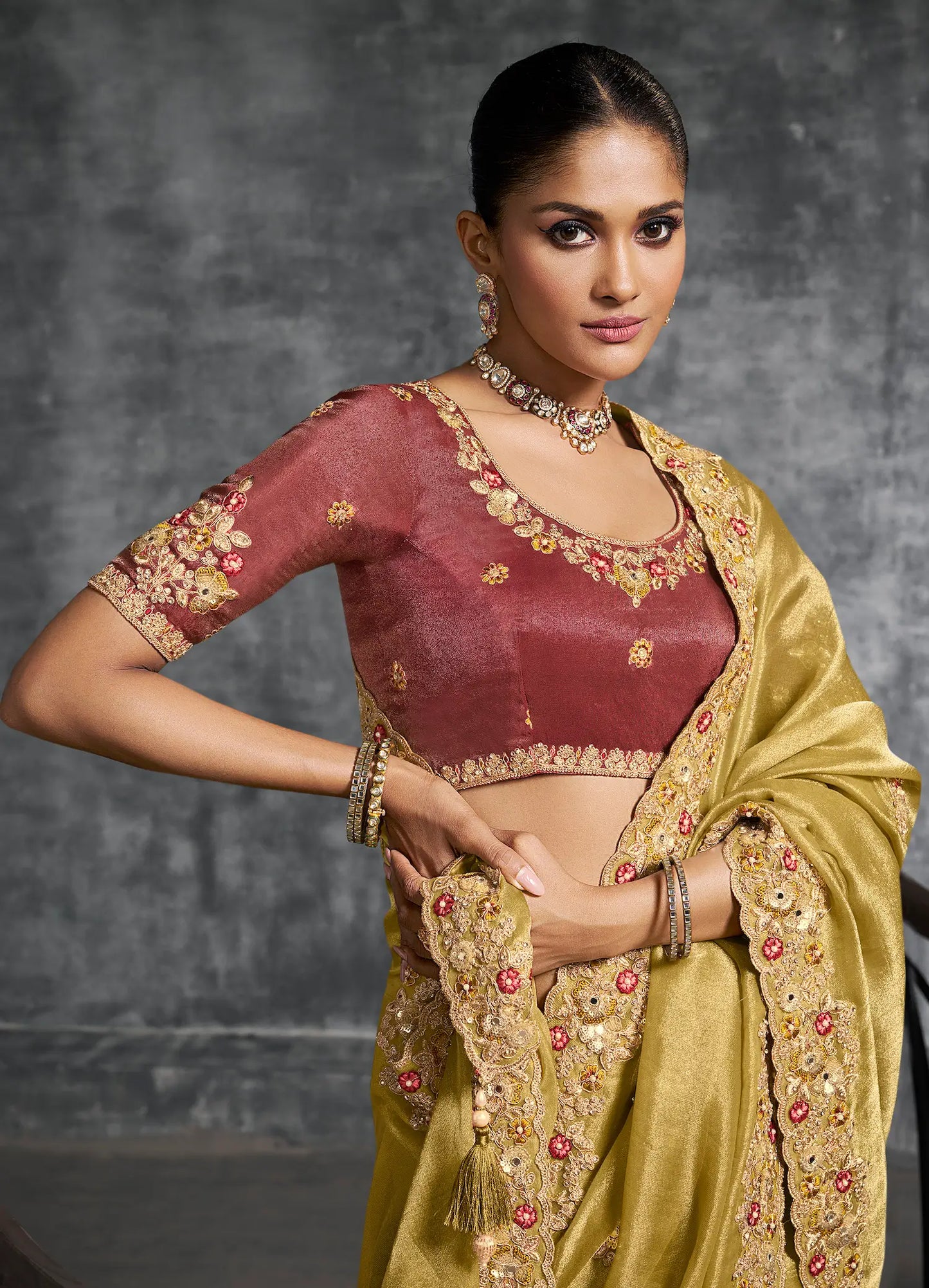 Sand Yellow Zari Tissue  Hand Work & Embroidery Saree