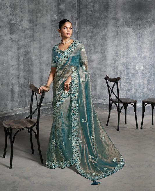 Greyish Teal Zari Tissue  Hand Work & Embroidery Saree