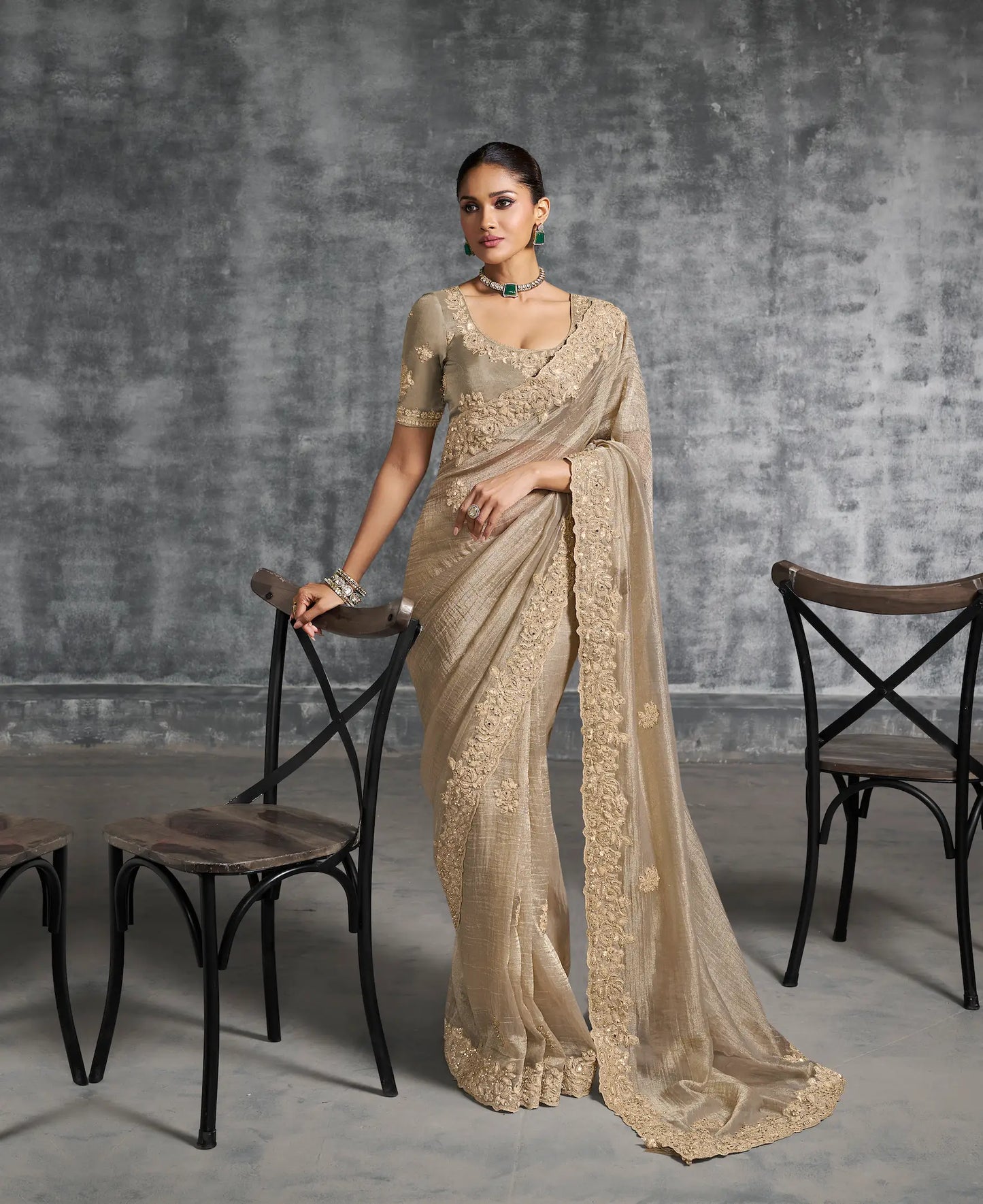 Almond Beige Zari Tissue  Hand Work & Embroidery Saree