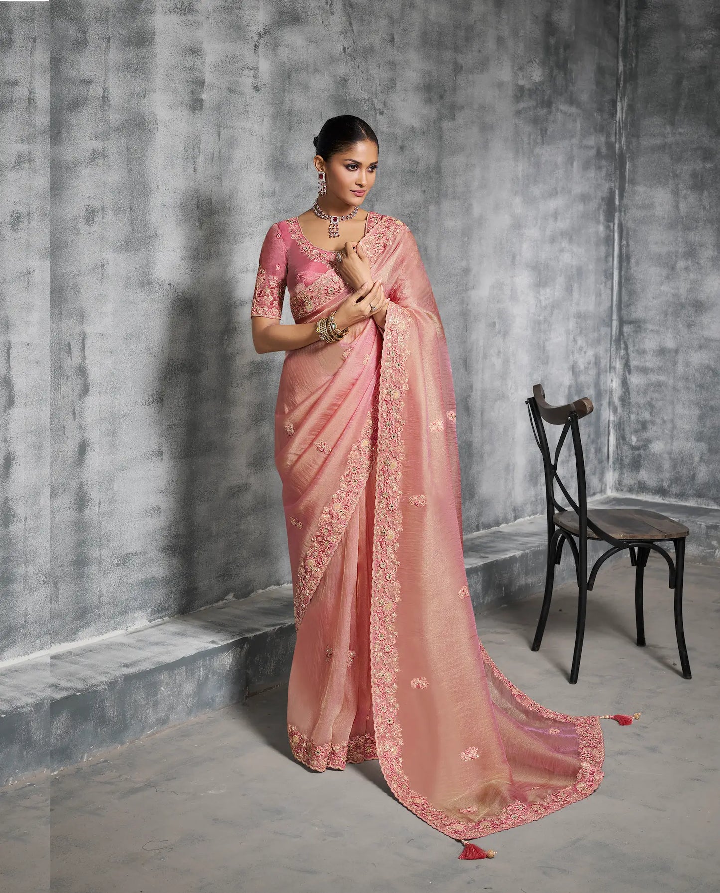 Peach Pink Zari Tissue  Hand Work & Embroidery Saree