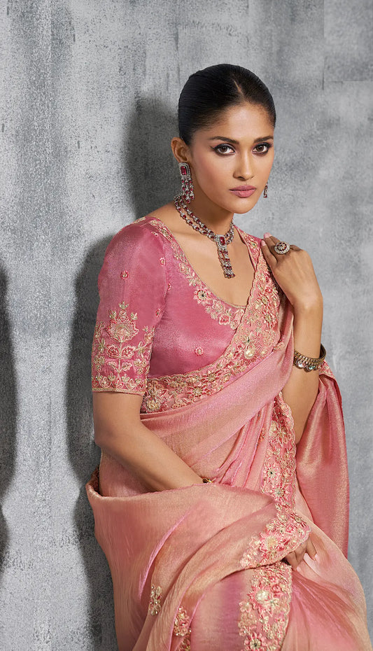 Peach Pink Zari Tissue  Hand Work & Embroidery Saree