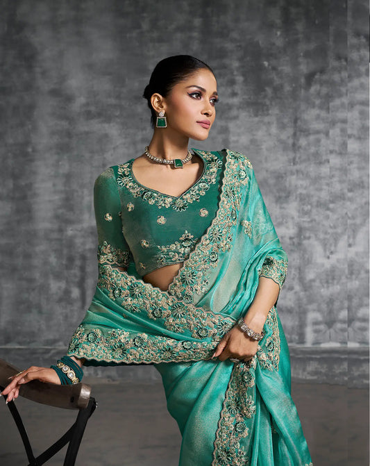 Beetle Green Zari Tissue  Hand Work & Embroidery Saree