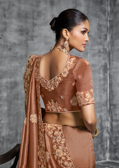 Rust Brown Zari Tissue  Hand Work & Embroidery Saree