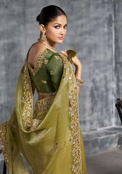 Olive Green Zari Tissue  Hand Work & Embroidery Saree