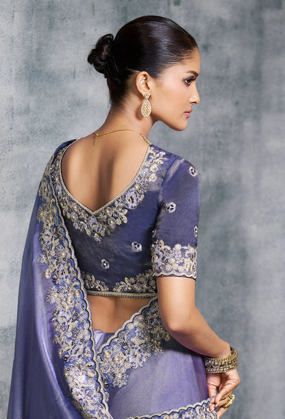 Lavender Zari Tissue  Hand Work & Embroidery Saree