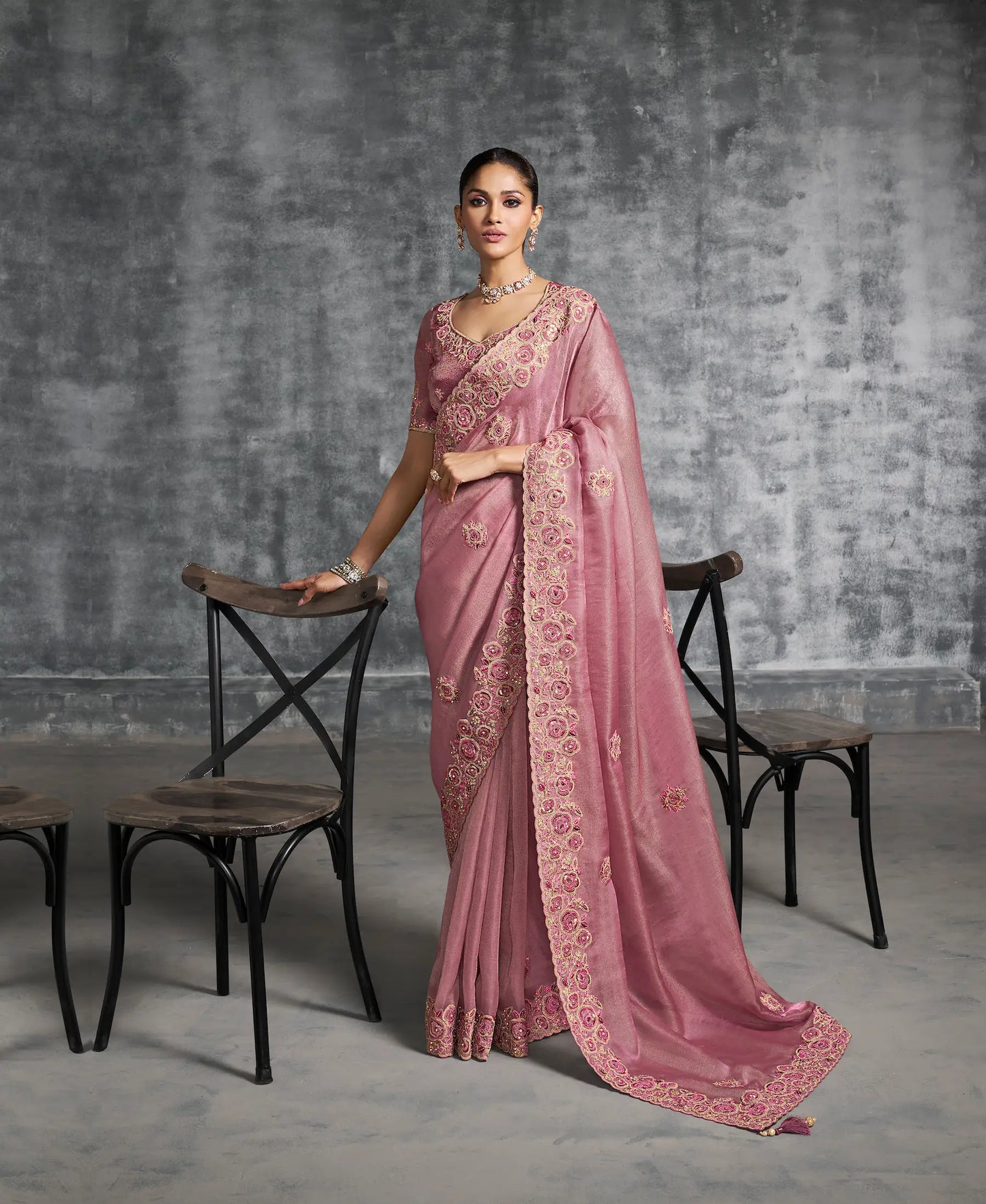 Rosy Pink Zari Tissue  Hand Work & Embroidery Saree