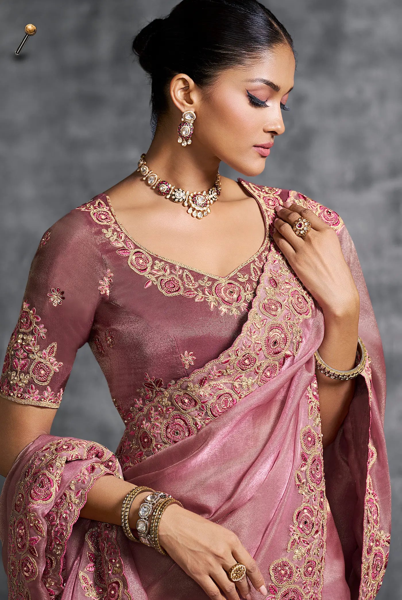 Rosy Pink Zari Tissue  Hand Work & Embroidery Saree