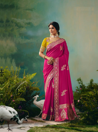 Hot Pink Dola Silk Saree With Embroidery Work Blouse