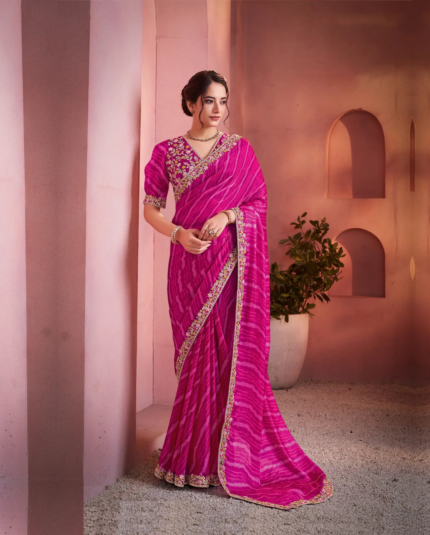 Hot Pink Satin Silk Saree With Hand Work & Embroidery
