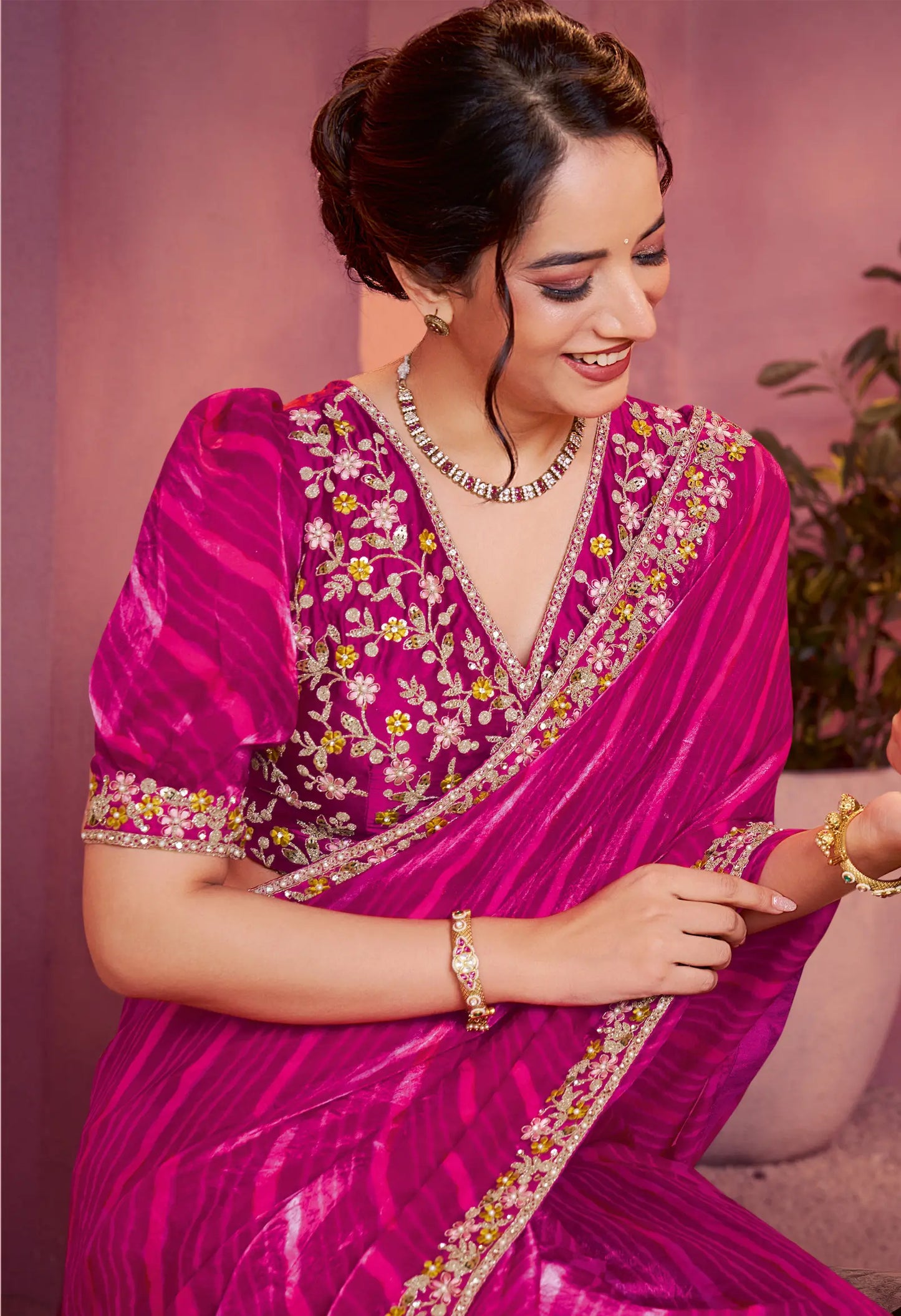 Hot Pink Satin Silk Saree With Hand Work & Embroidery