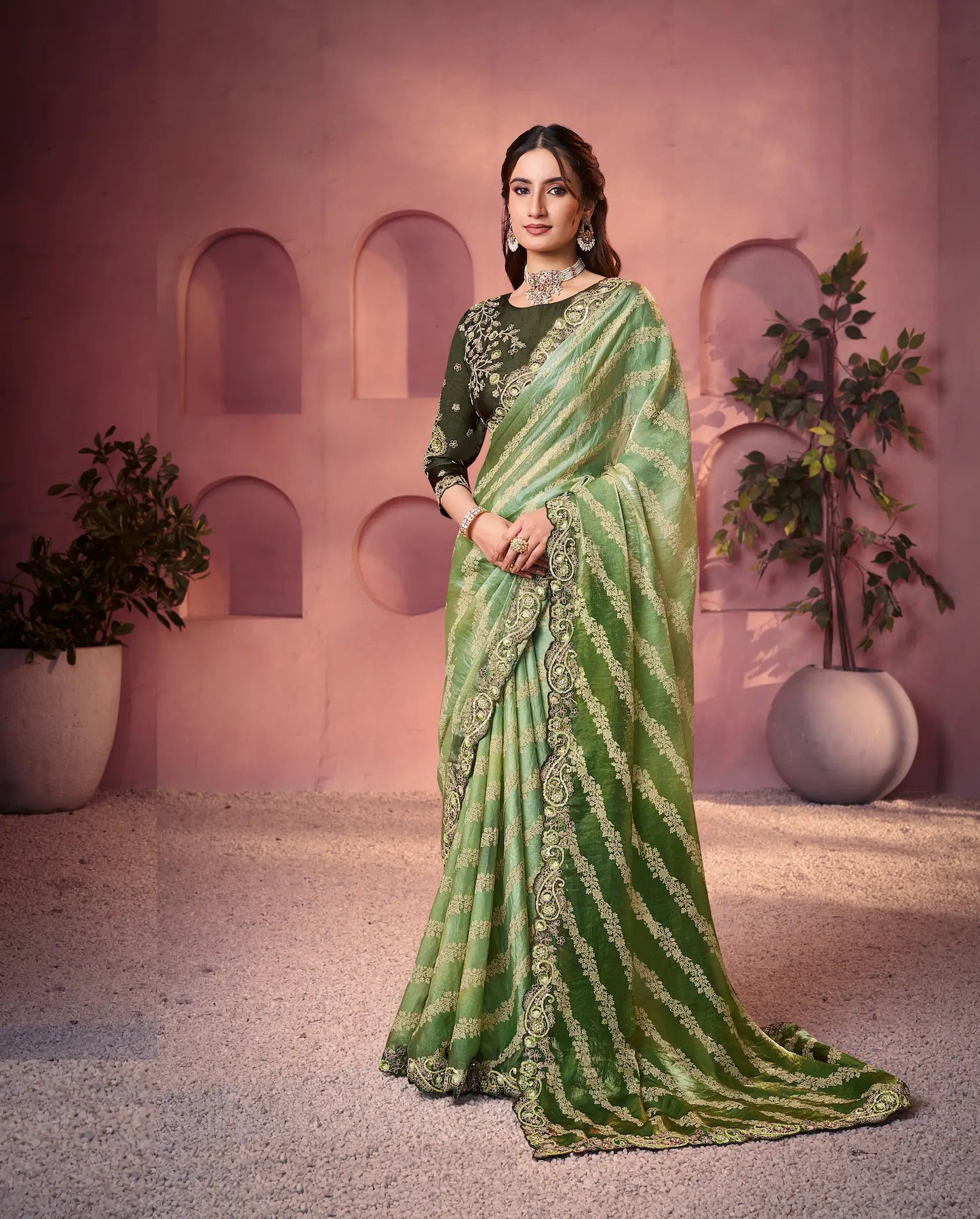 Shaded Green Satin Silk Saree With Hand Work & Embroidery