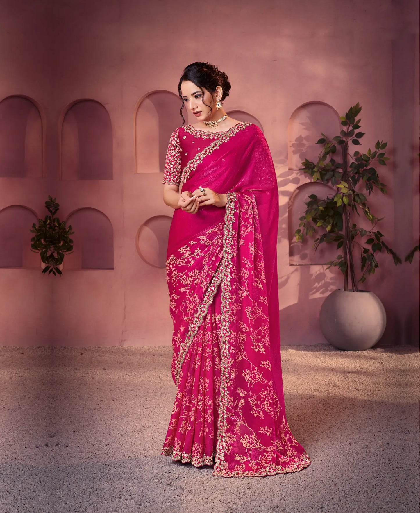 Raspberry Satin Silk Saree With Hand Work & Embroidery