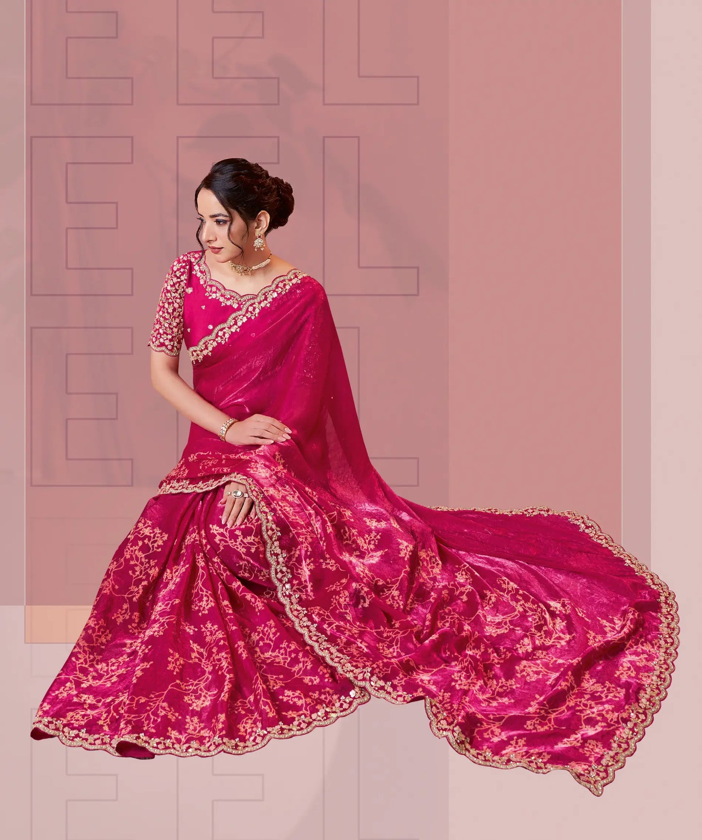 Raspberry Satin Silk Saree With Hand Work & Embroidery