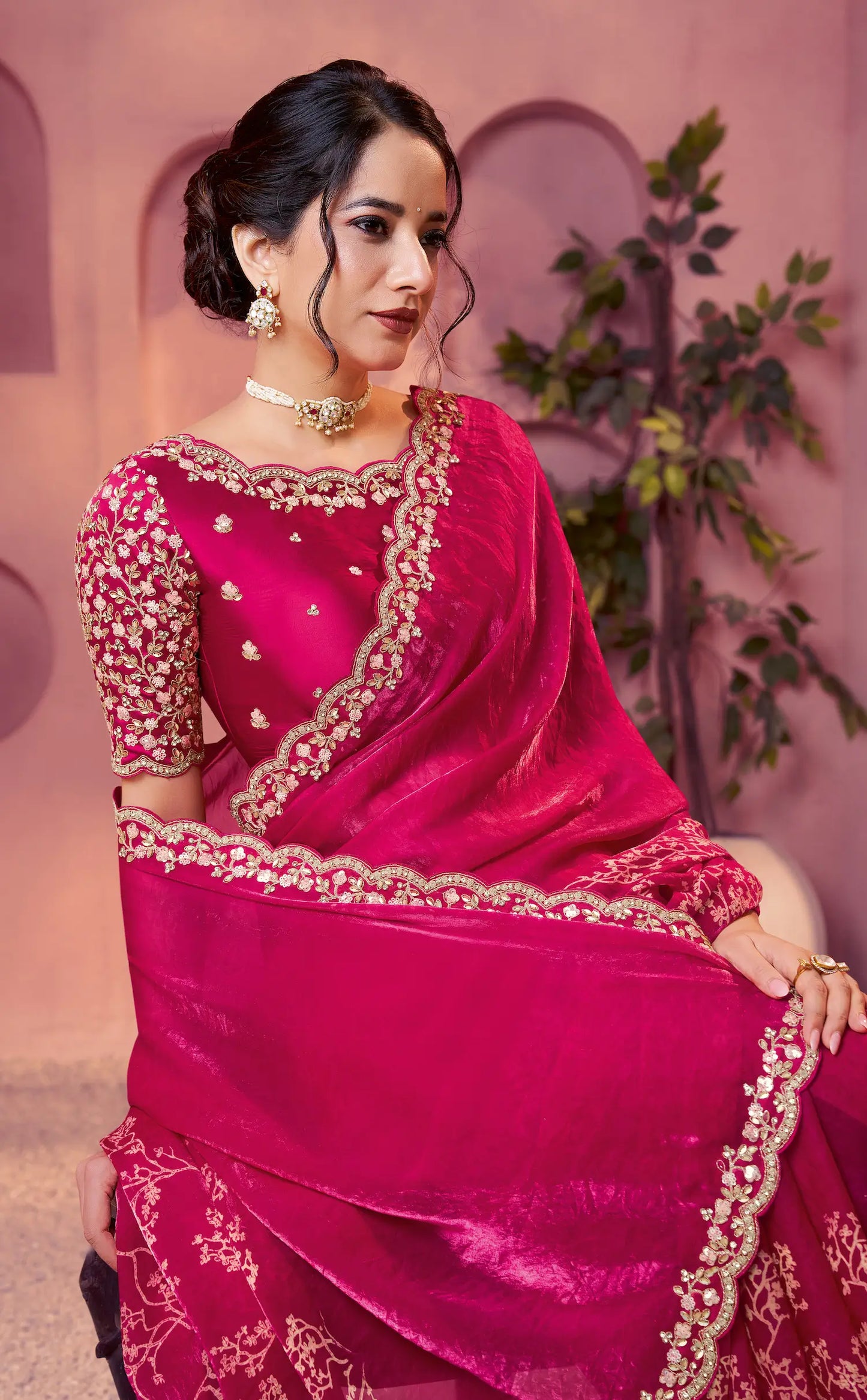 Raspberry Satin Silk Saree With Hand Work & Embroidery