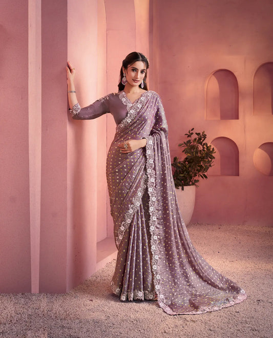 Dark Mauve Satin Silk Saree With Hand Work & Embroidery
