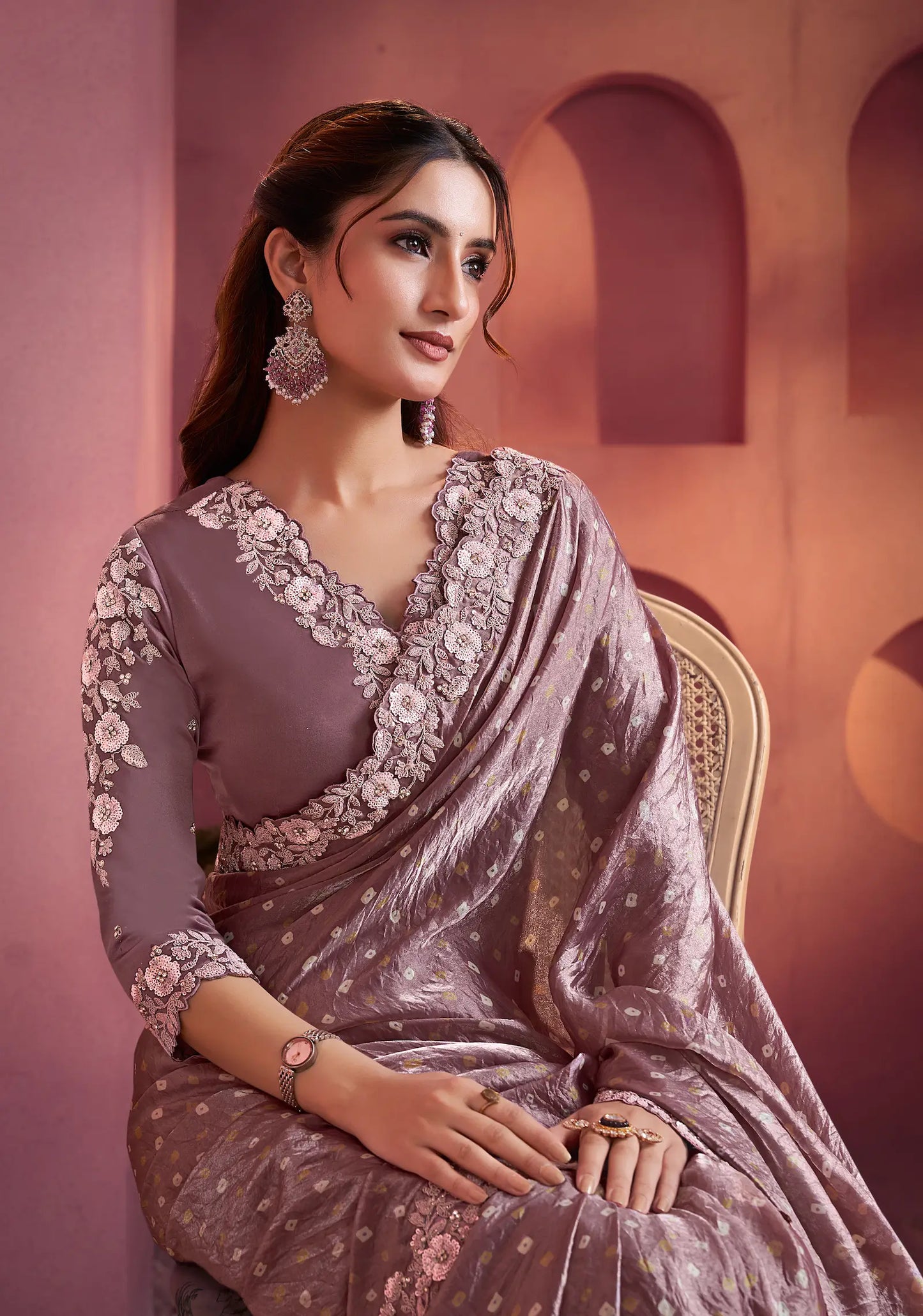 Dark Mauve Satin Silk Saree With Hand Work & Embroidery