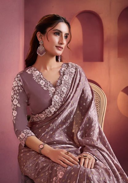 Dark Mauve Satin Silk Saree With Hand Work & Embroidery