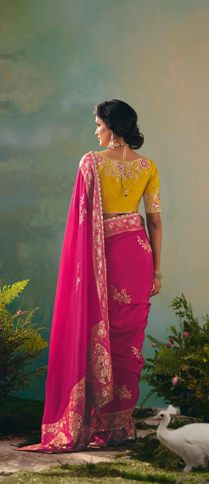 Hot Pink Dola Silk Saree With Embroidery Work Blouse