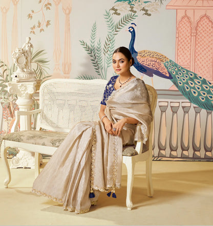Shiney Beige Tussar Silk Embroidery Party Wear Saree