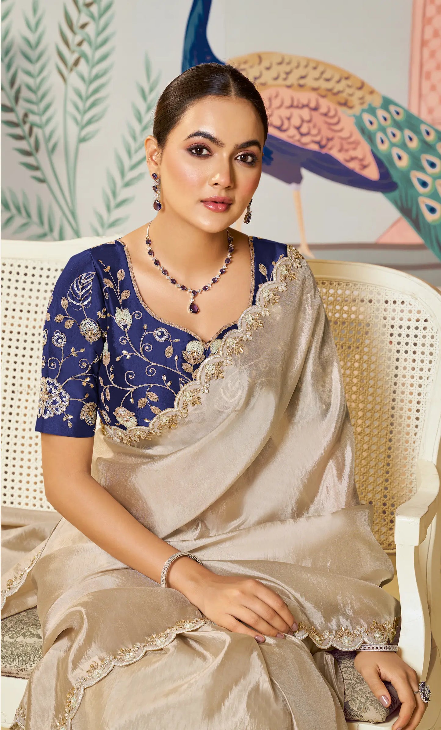 Shiney Beige Tussar Silk Embroidery Party Wear Saree