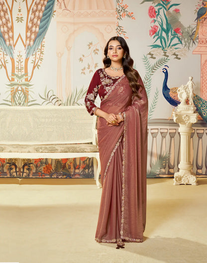 Rust Orange Satin Organza Embroidery Party Wear Saree