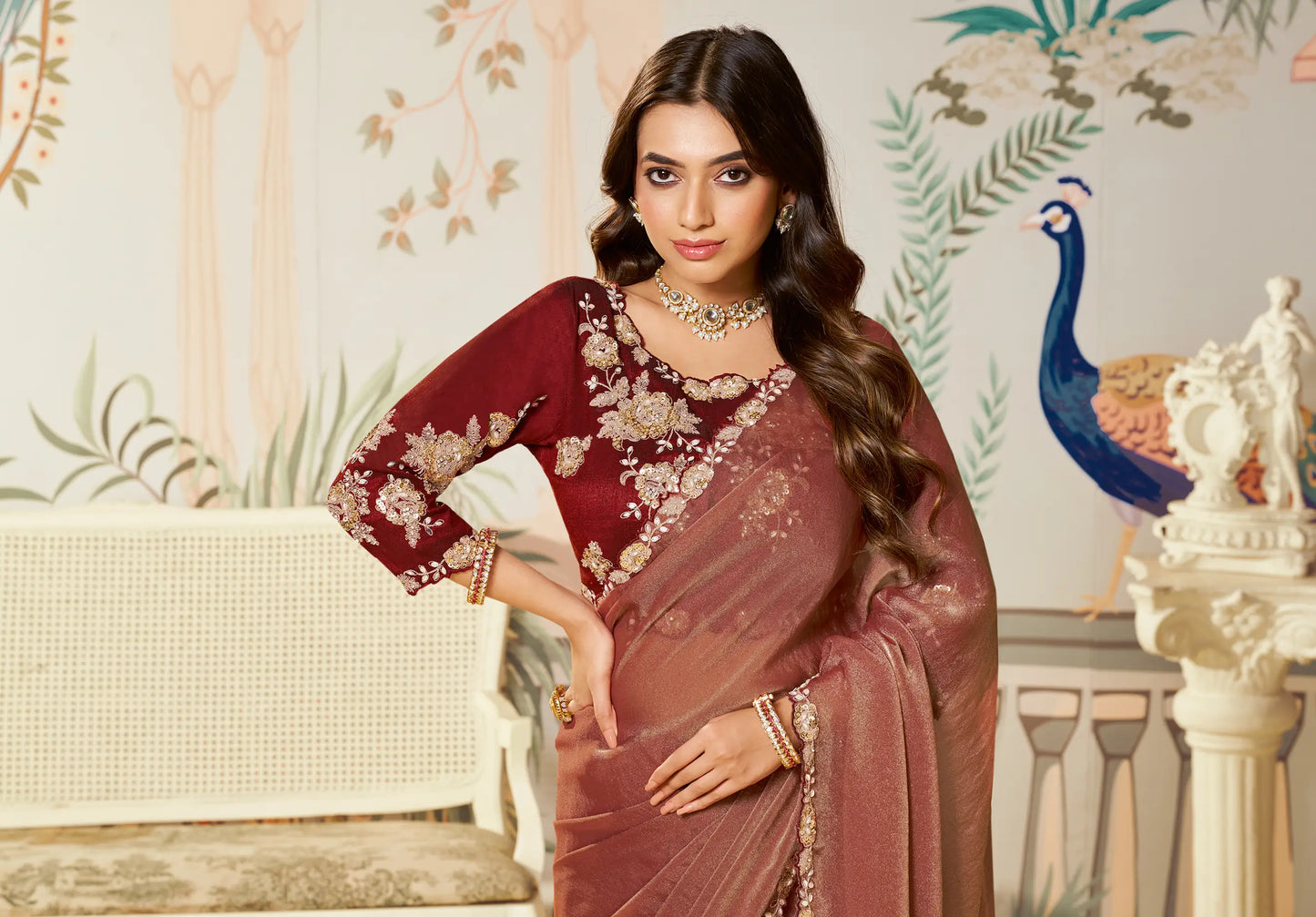 Rust Orange Satin Organza Embroidery Party Wear Saree