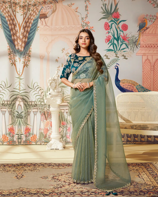 Sage Green Zari Organza Embroidery Party Wear Saree