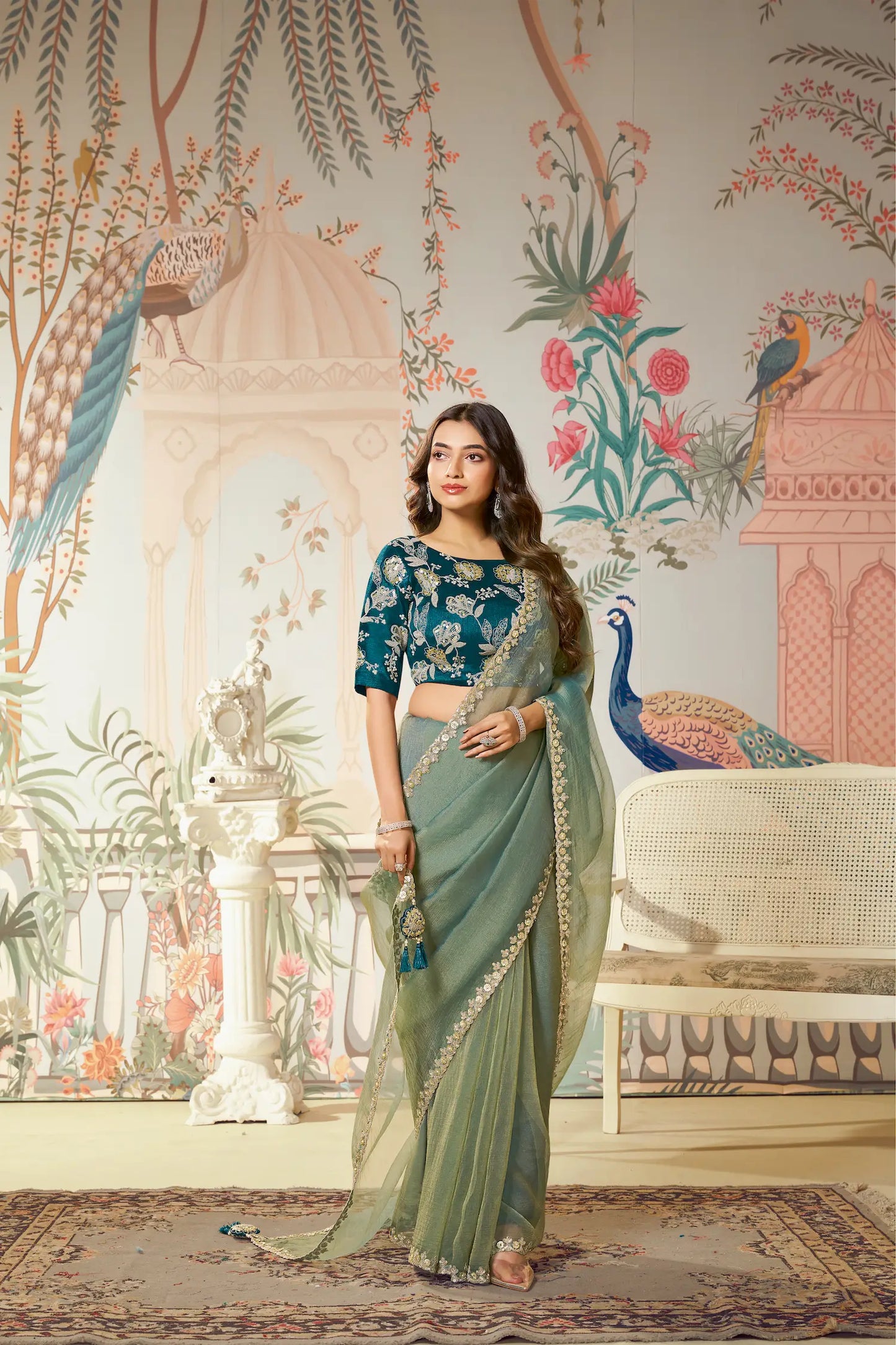 Sage Green Zari Organza Embroidery Party Wear Saree