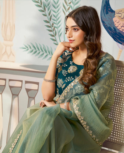 Sage Green Zari Organza Embroidery Party Wear Saree