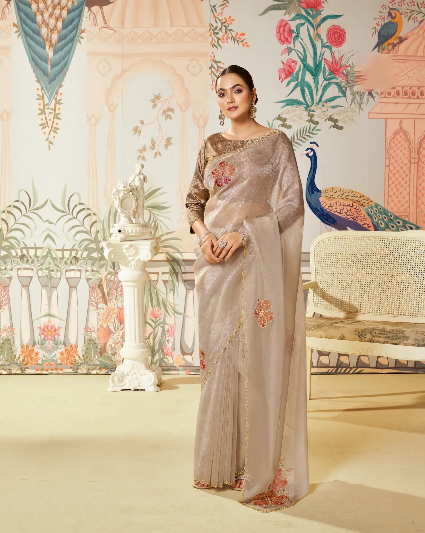 Sand Beige Satin Organza Embroidery Party Wear Saree