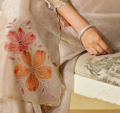 Sand Beige Satin Organza Embroidery Party Wear Saree