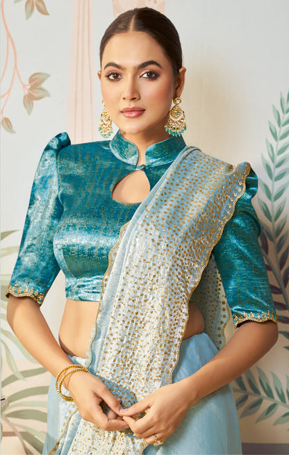 Sky Blue Satin Silk Embroidery Party Wear Saree