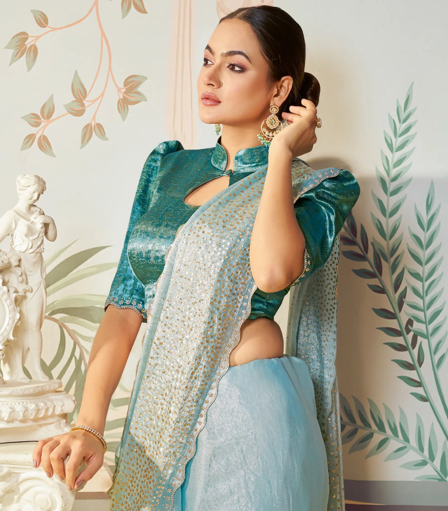 Sky Blue Satin Silk Embroidery Party Wear Saree