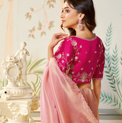 Dusty Pink Zari Organza Embroidery Party Wear Saree